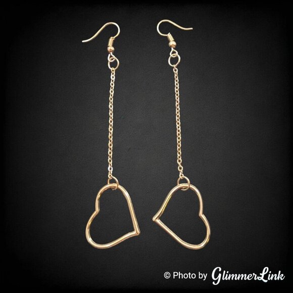 Minimalist Open Heart Pendant Necklace & Long Dangle Earrings Gold Tone Set - Picture 4 of 7